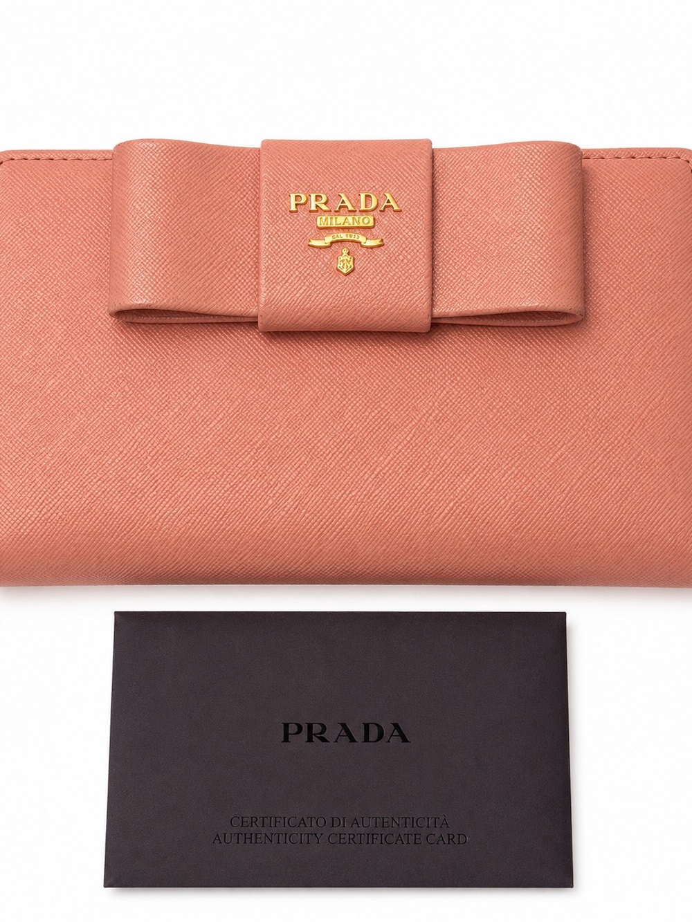 Prada Pink Bow Saffiano Leather Wallet with Gold Logo